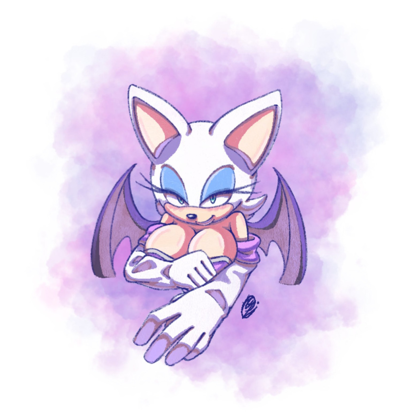 almost anthro bat big_breasts big_ears breasts cleavage clothed clothing female gloves handwear hi_res humanoid makeup mammal rouge_the_bat sega smile solo sonic_the_hedgehog_(series) teasing wings