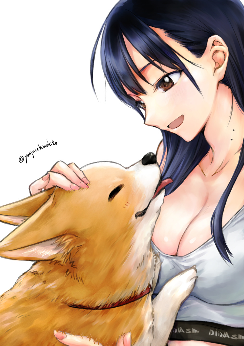 1girl black_hair boku_no_kokoro_no_yabai_yatsu breasts brown_eyes cleavage dog highres large_breasts long_hair mole mole_on_neck multiple_moles open_mouth shijuuichi simple_background solo sports_bra white_background white_sports_bra yamada_anna