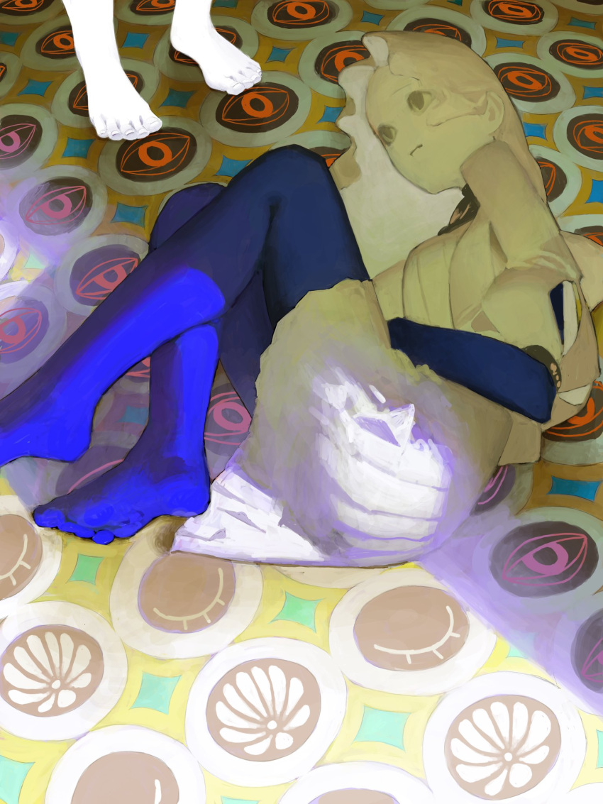 1girl 1other barefoot blue_skin breasts closed_mouth colored_skin crack_of_light dress foot_out_of_frame grey_eyes gtsleep1200 hair_behind_ear highres long_hair lying multicolored_skin on_floor on_side original out_of_frame puff_and_slash_sleeves puffy_sleeves short_dress short_sleeves small_breasts solo_focus two-tone_skin white_dress white_hair white_skin