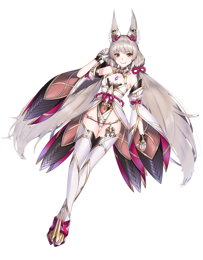 &gt;:) 1girl animal_ear_fluff animal_ears ass_visible_through_thighs blush breasts brown_eyes closed_mouth collarbone covered_navel detached_sleeves dutch_angle gloves grey_hair groin hand_up highres leotard long_hair long_sleeves looking_at_viewer nia_(xenoblade) simple_background small_breasts smile solo spikes thigh_gap tpicm v-shaped_eyebrows very_long_hair white_background white_gloves white_leotard white_sleeves wide_sleeves xenoblade_chronicles_(series) xenoblade_chronicles_2