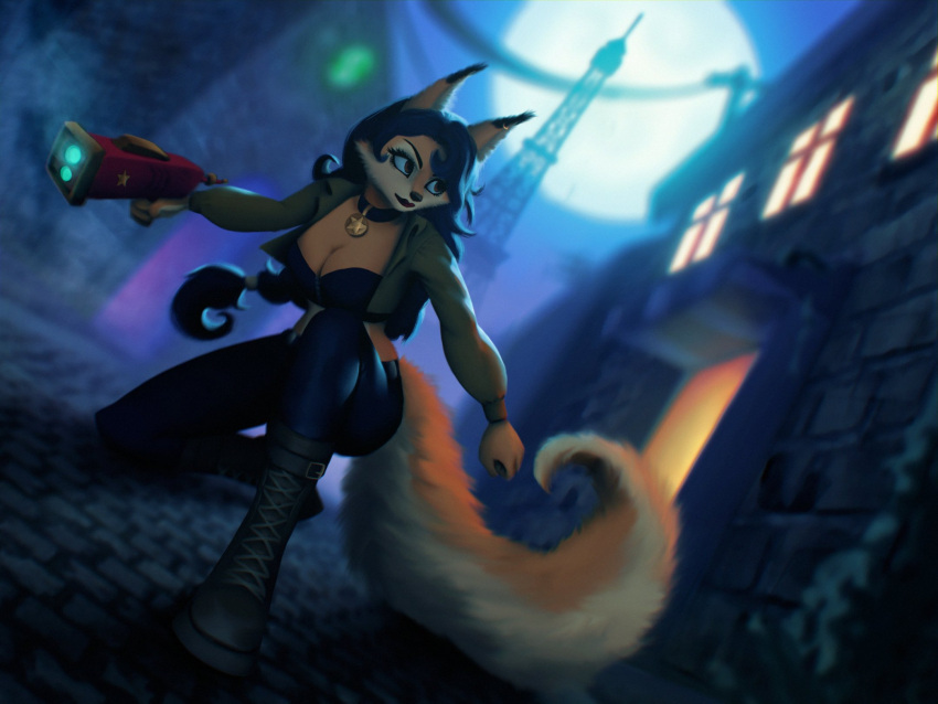 2022 anthro black_nose blue_clothing blue_hair blue_topwear boots braided_hair braided_ponytail breasts canid canine carmelita_fox cheek_tuft clothed clothing collar countershade_fur countershading detailed_background digital_media_(artwork) ear_piercing ear_ring eiffel_tower eyebrows eyelashes facial_tuft female fluffy fluffy_ears fluffy_tail footwear fox front_view full_moon fur gun hair handgun hi_res holding_object holding_weapon hybrid kneeling laced_boots lipstick long_hair makeup mammal moon night open_clothing open_topwear outside paris piercing ponytail ranged_weapon ring_piercing sly_cooper_(series) solo sony_corporation sony_interactive_entertainment stockinger street sucker_punch_productions tag_collar tail topwear tuft weapon