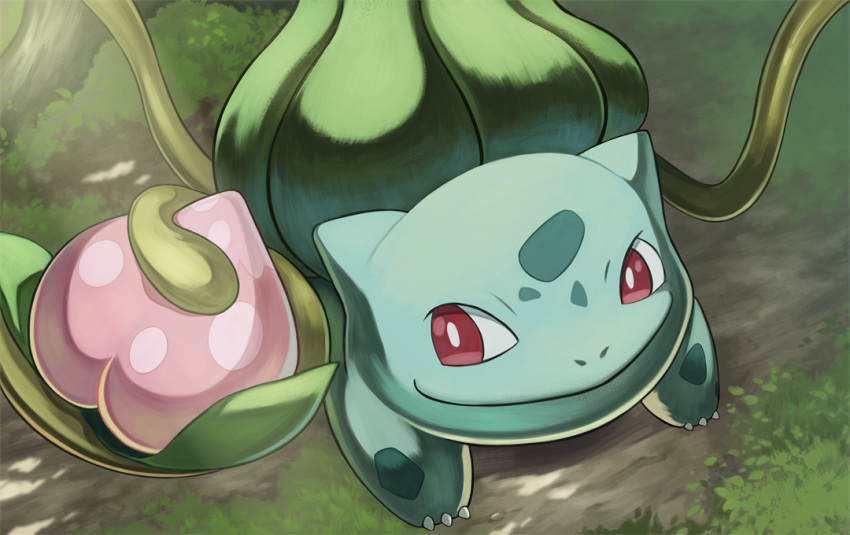 akitani_55 animal_focus berry_(pokemon) bright_pupils bulbasaur claws closed_mouth moss no_humans nostrils outdoors pecha_berry plant pokemon pokemon_(creature) red_eyes smile vines white_pupils