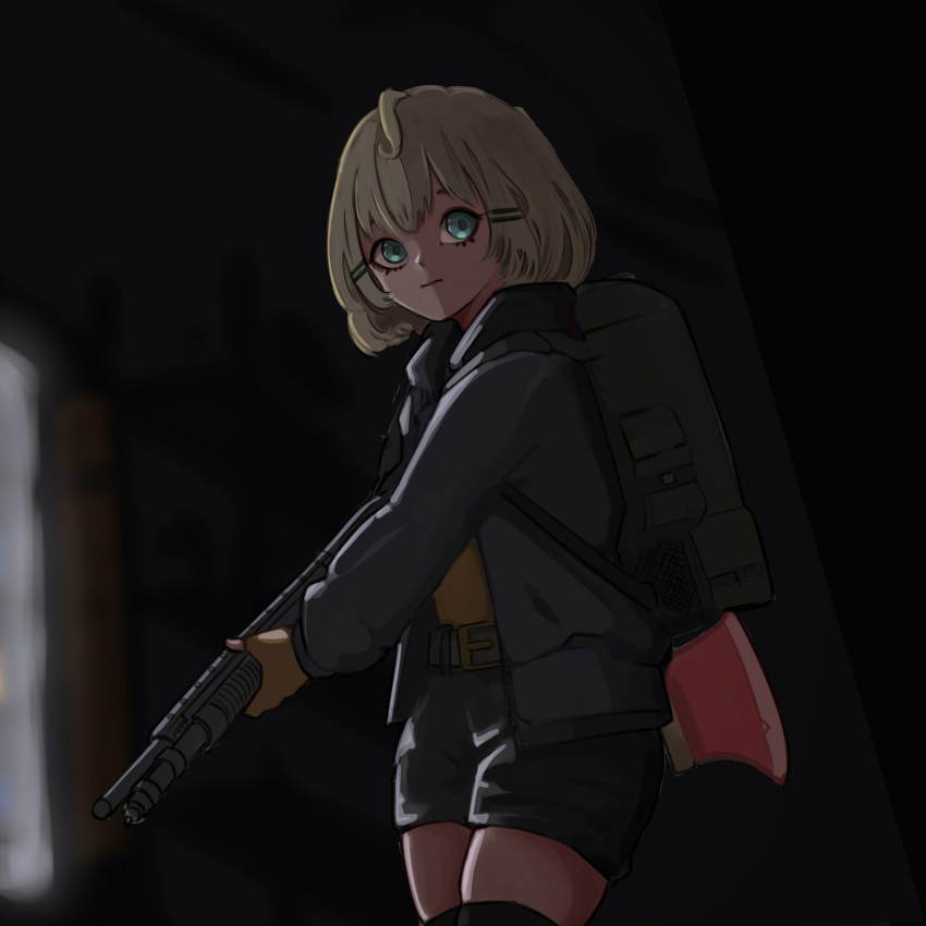 1girl absurdres alternate_costume blonde_hair gun highres holding holding_gun holding_weapon khai_sann millie_parfait nijisanji nijisanji_en shotgun virtual_youtuber weapon