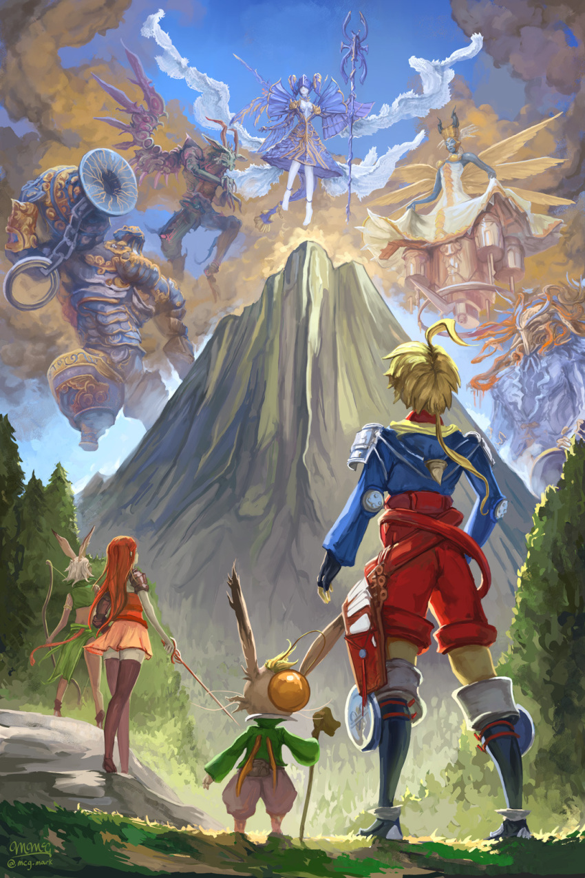 2boys 2girls adramelech_(fft) blonde_hair boots bow_(weapon) brown_hair brown_pants card cloud english_commentary exodus_(ffta) famfrit final_fantasy final_fantasy_tactics final_fantasy_tactics_advance forest from_behind highres holding holding_weapon marche_radiuju mateus_(ffta) mcgmark miniskirt montblanc moogle mountain multiple_boys multiple_girls nature pants rapier red_hair red_pants ritz_malheur shara signature skirt staff sword thigh_boots tree ultima ultima_(ffta) viera weapon