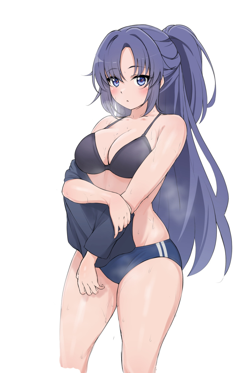 1girl absurdres black_bra black_shirt blue_archive blue_buruma blue_eyes blue_hair blush bra breasts buruma cleavage collarbone cowboy_shot diootaro english_commentary gym_shirt highres large_breasts long_hair looking_at_viewer official_alternate_costume parted_lips shirt simple_background standing steam sweat thighs underwear undressing very_long_hair white_background yuuka_(blue_archive) yuuka_(track)_(blue_archive)