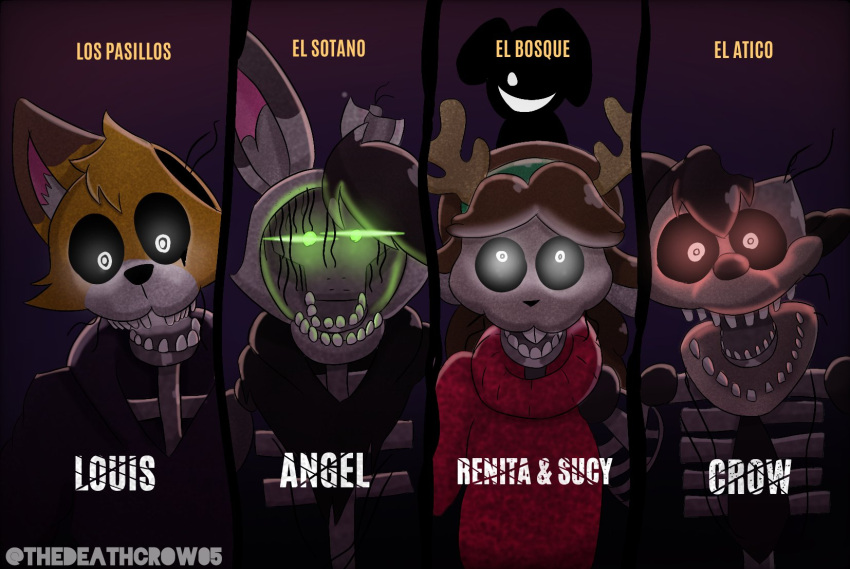 animatronic anthro antlers canid canine canis clothing crow_(thedeathcrow) deer faceless female fox green_eyes group hi_res horn lagomorph leporid machine male mammal rabbit red_eyes renita_reed_(character) robot smile spanish_text sweater teeth text the_joy_of_creation thedeathcrow05 topwear white_eyes wolf