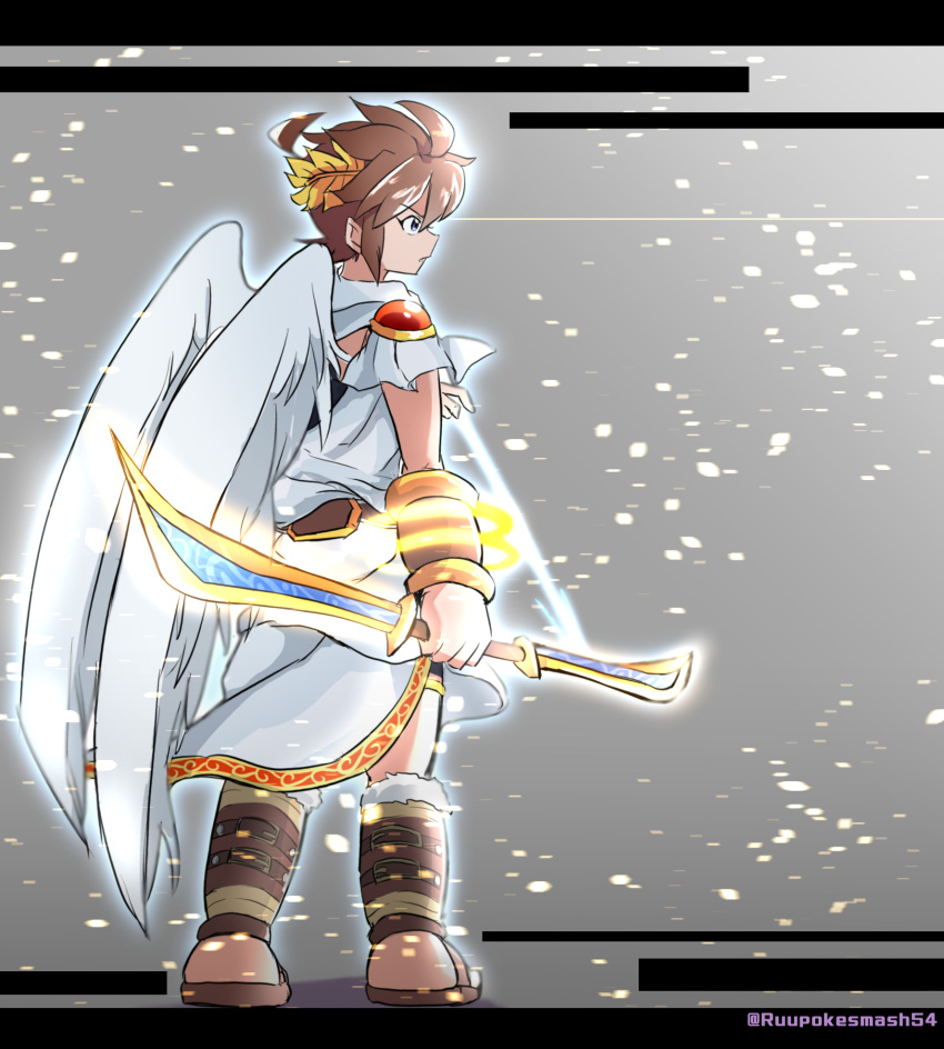 1boy angel angel_wings bow_(weapon) brown_hair feathered_wings full_body highres holding holding_bow_(weapon) holding_weapon kid_icarus laurel_crown looking_to_the_side male_focus pit_(kid_icarus) rune_(ruupokesmash54) solo twitter_username v-shaped_eyebrows weapon white_wings wings
