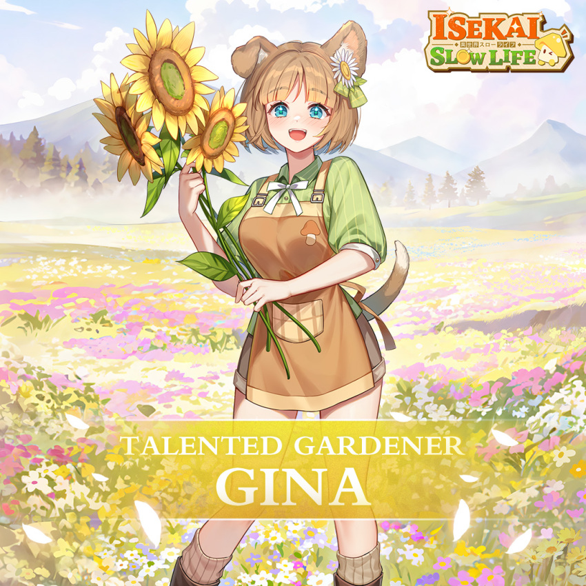 1girl alternate_costume animal_ears apron artist_request blue_eyes blue_sky blush bow brown_apron brown_hair brown_shorts brown_socks character_name cloud cloudy_sky coin colored_text dog_ears dog_girl dog_tail field flower flower_field fog gina_(isekai:_slow_life) green_shirt hair_flower hair_ornament holding holding_flower isekai:_slow_life leaf logo mountain mushroom nose_blush official_alternate_costume one_eye_closed open_mouth outdoors pocket ribbed_socks ribbon shirt short_hair shorts sky smile socks sparkle sunflower tail teeth tree upper_teeth_only white_bow white_flower white_ribbon yellow_flower