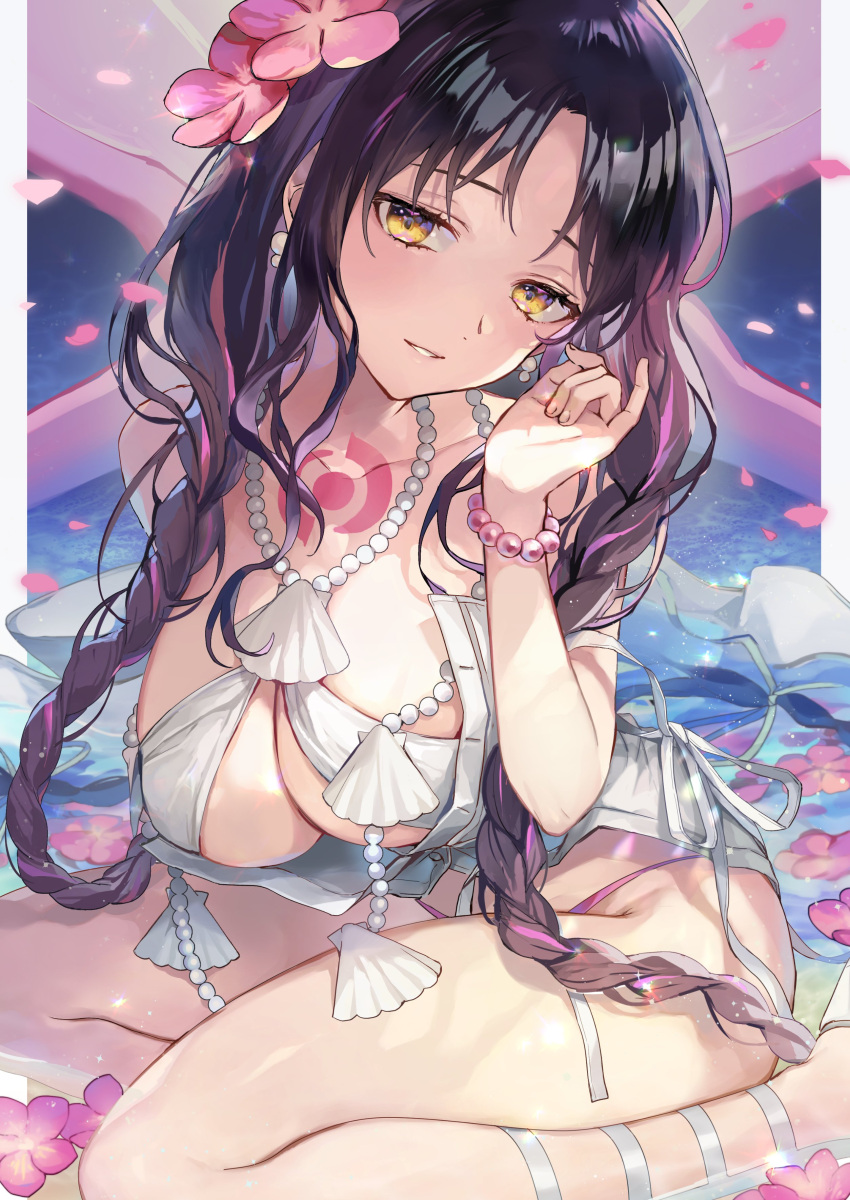 1girl absurdres bare_shoulders bikini black_hair blush bracelet braid breasts chest_tattoo cleavage earrings facial_mark fate/grand_order fate_(series) flower forehead_mark hair_flower hair_ornament highres jewelry large_breasts long_hair looking_at_viewer multicolored_hair necklace parted_bangs pearl_bracelet pearl_earrings pearl_necklace pink_hair sarong sessyoin_kiara sessyoin_kiara_(swimsuit_mooncancer) sessyoin_kiara_(swimsuit_mooncancer)_(first_ascension) shell_necklace sitting smile solo streaked_hair swimsuit tattoo thighs twin_braids very_long_hair vivi_(eve_no_hakoniwa) wariza white_bikini yellow_eyes