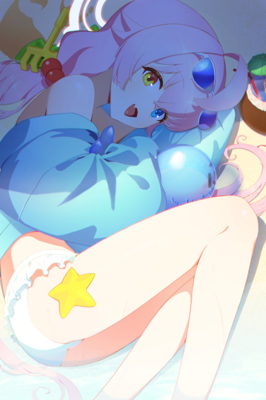 1girl :d absurdres ass bare_legs berrycheetah bikini blue_archive blush coconut drinking_straw feet_out_of_frame hair_bobbles hair_ornament halo heterochromia highres hoshino_(blue_archive) hoshino_(swimsuit)_(blue_archive) inflatable_toy inflatable_whale looking_at_viewer low_twintails lying on_side open_mouth pink_hair pink_halo smile solo starfish sunglasses swimsuit tinted_eyewear twintails white_bikini