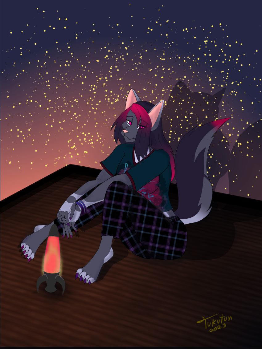 anthro barefoot bottomwear bracelet canid canine canis clothed clothing colored_nails dark_body dark_fur emo emo_haircut feet female fur glowing glowing_eyes grey_body grey_fur hair half-closed_eyes hi_res jewelry lamp lava_lamp looking_at_viewer mammal nails narrowed_eyes pajama_pants pajamas pants pink_eyes pink_hair pink_nose shirt sitting sitting_on_ground solo t-shirt tail topwear tukutun wolf