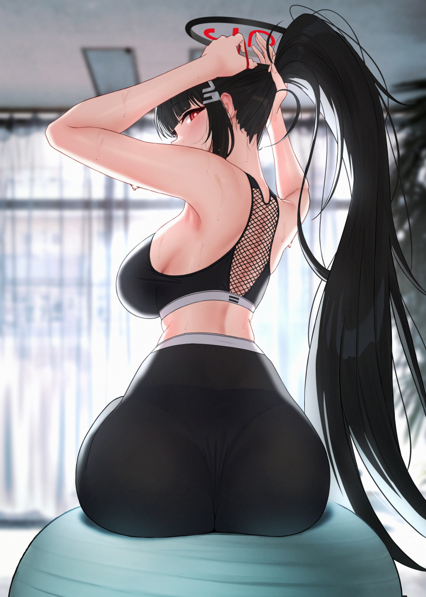 1girl alternate_costume arms_behind_head ass ball bare_shoulders black_hair black_panties black_pants black_sports_bra blue_archive blush breasts bright_pupils covered_mouth exercise_ball fishnet_fabric from_behind hair_ornament hair_tie halo highres holding_hair_tie indoors long_hair looking_at_viewer looking_back on_ball panties panties_under_yoga_pants pants ponytail red_eyes rio_(blue_archive) see-through see-through_pants sideboob sitting sitting_on_ball solar_(happymonk) solo sports_bra sweat tying_hair underwear workout_clothes yoga_pants