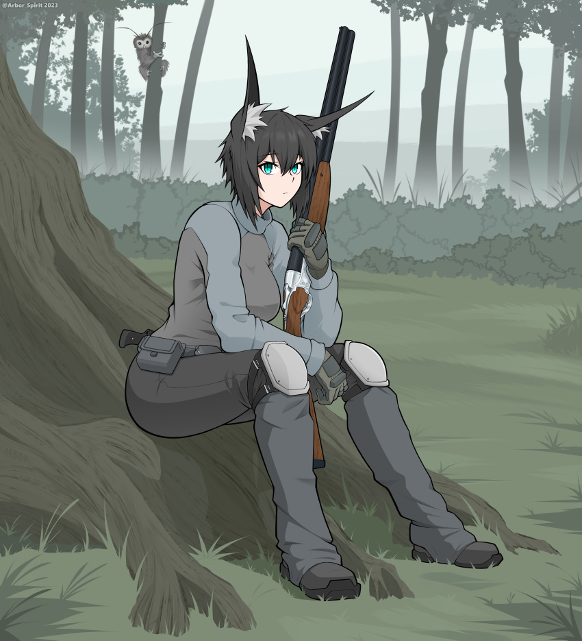 1girl absurdres animal_ears arbor_spirit artist_name belt black_hair blue_eyes breasts bush double-barreled_shotgun expressionless forest fox_ears gloves gun highres holding holding_gun holding_weapon knee_pads large_breasts long_sleeves looking_at_viewer nature original shoes shotgun sitting tactical_clothes toz-34 tree weapon