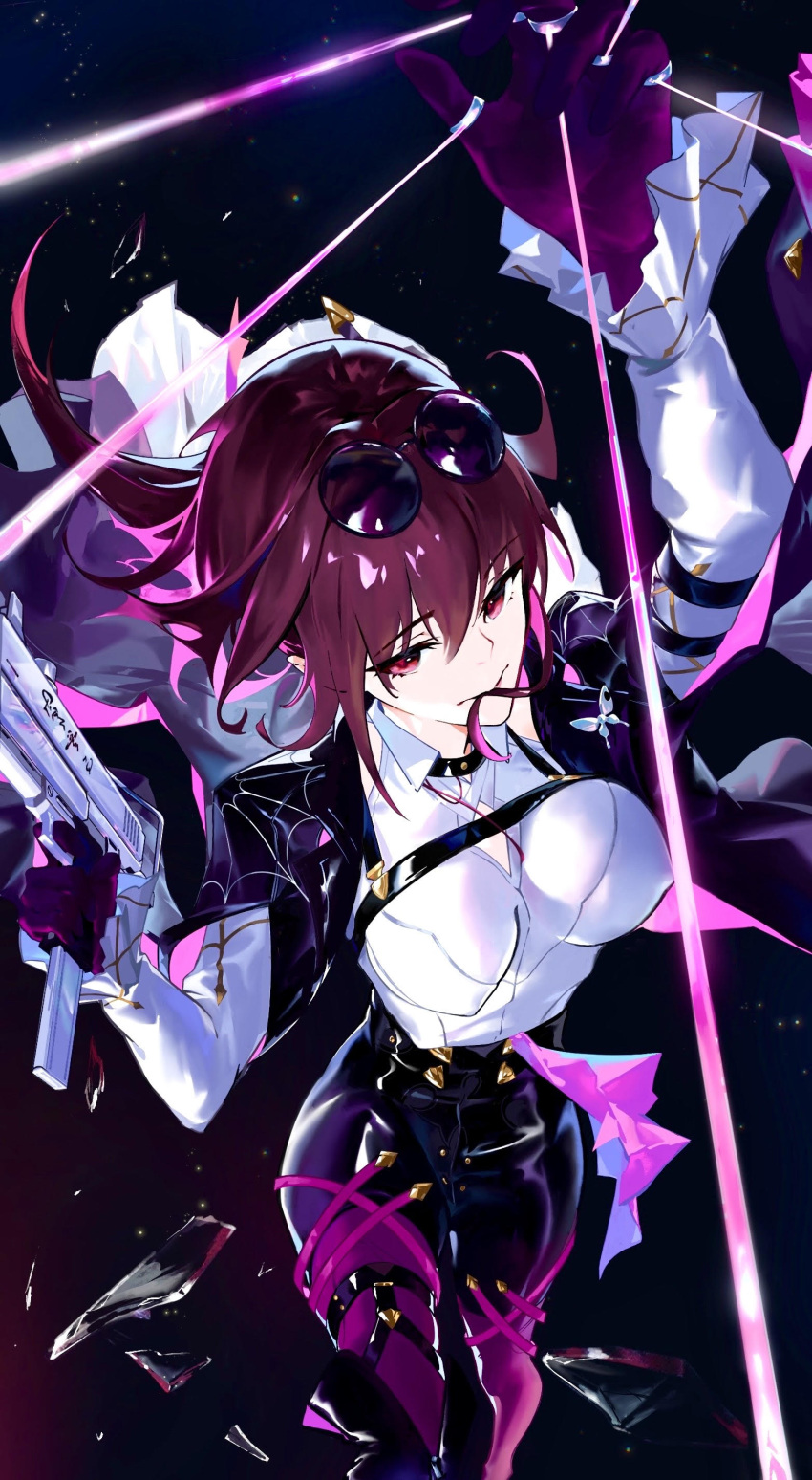 1girl absurdres black_gloves black_jacket black_pantyhose black_shorts breasts chiaspicy clothing_cutout frilled_sleeves frills gloves gun hair_in_own_mouth highres holding holding_gun holding_weapon honkai:_star_rail honkai_(series) jacket jewelry kafka_(honkai:_star_rail) large_breasts pantyhose partially_unbuttoned purple_eyes purple_hair ring shirt shorts shoulder_cutout solo sunglasses weapon white_shirt