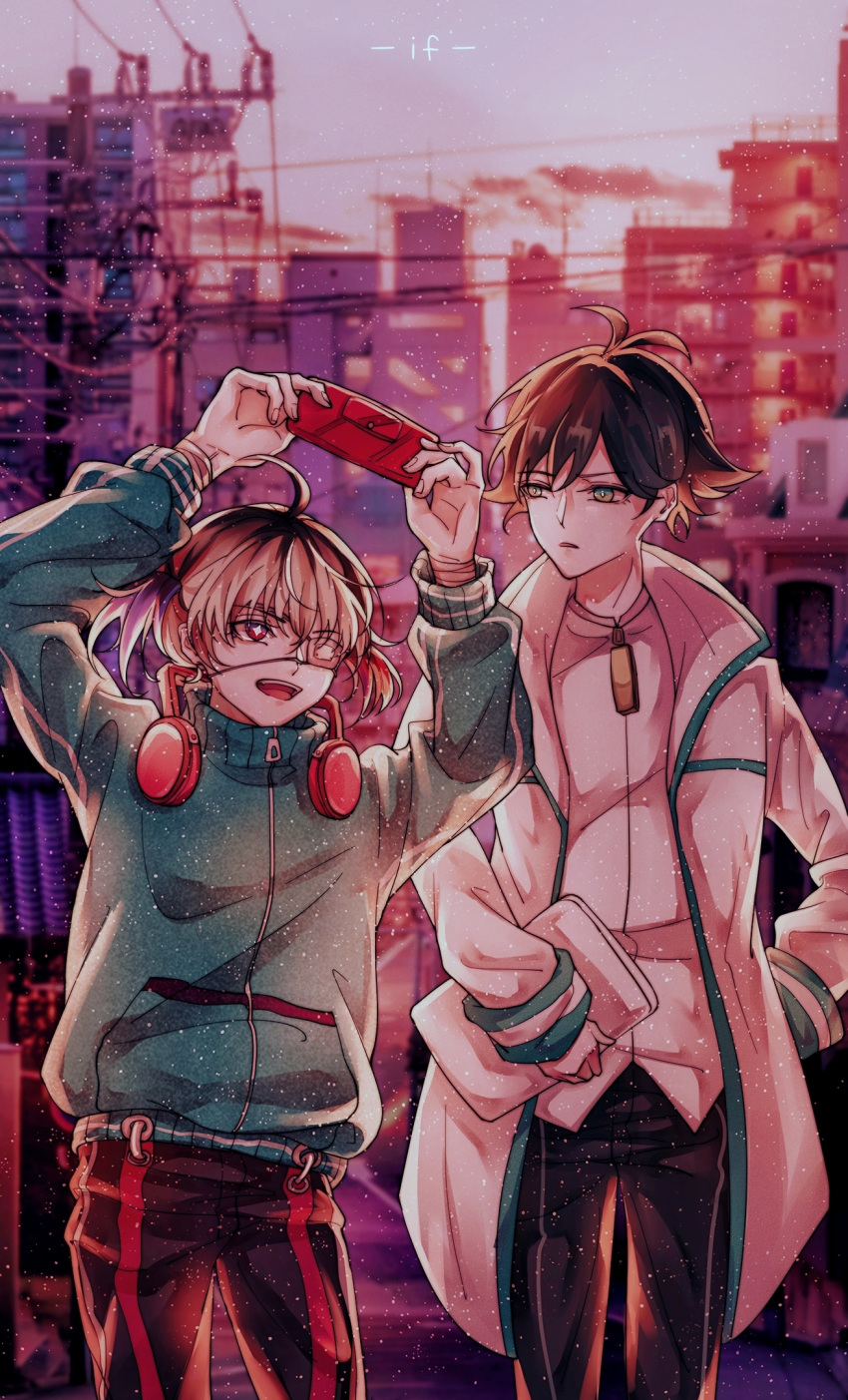2boys ahoge androgynous black_hair blonde_hair blue_hair blue_jacket coat handheld_game_console headphones headphones_around_neck highres holding holding_handheld_game_console jacket long_sleeves looking_at_another makino_chisato multicolored_hair multiple_boys niimura_kou ookami_game_(studio_wasabi) open_mouth red_hair rurikawa_yuuto shirt short_hair short_twintails twintails white_coat white_shirt
