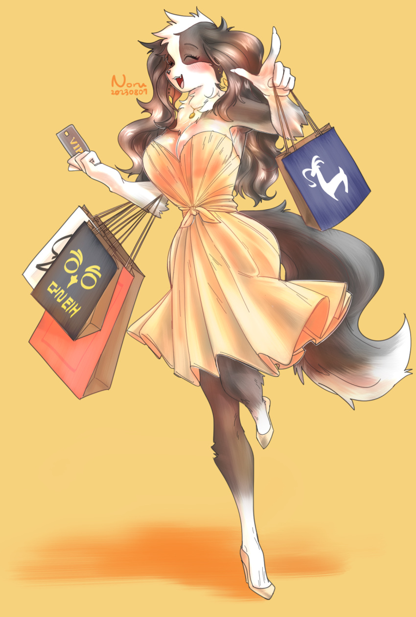 anthro big_breasts black_body black_fur black_hair blush border_collie breasts canid canine canis clothed clothing collie credit_card domestic_dog dress female footwear fur gesture hair happy herding_dog hi_res high_heels mammal multicolored_body multicolored_fur noruru3737 off_shoulder pastoral_dog pigtails pointing sheepdog shoes shopping_bag simple_background smiley_face solo two_tone_body two_tone_fur white_body white_fur yellow_clothing yellow_dress