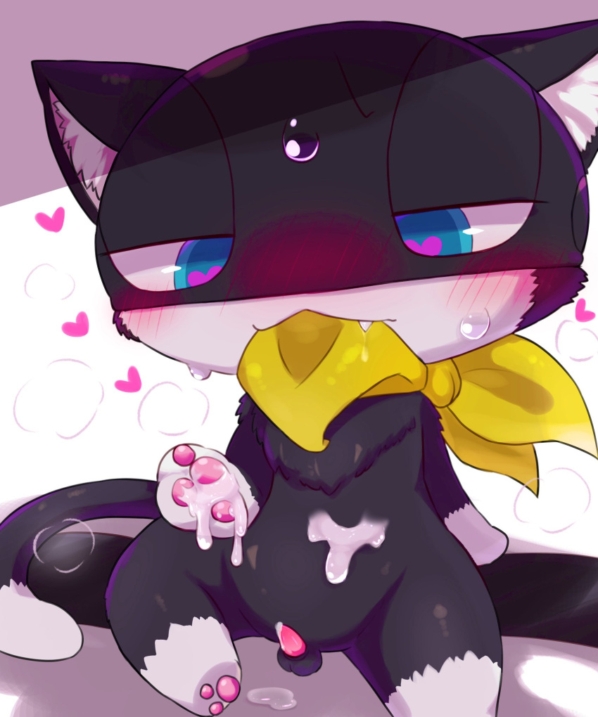 &lt;3 &lt;3_eyes after_orgasm afterglow anthro atlus badwingm black_body black_fur blue_eyes blush bodily_fluids chest_tuft chibi cum cum_on_belly cum_on_body cum_on_hand cum_on_self dipstick_limbs dipstick_tail domestic_cat excessive_cum excessive_genital_fluids felid feline felis fur genital_fluids genitals hi_res inner_ear_fluff kerchief kerchief_only long_tail male mammal markings mask megami_tensei megami_tensei_persona morgana_(persona) mostly_nude pawpads penis scarf scarf_in_mouth scarf_only sega small_penis solo sweat tail tail_markings teeth tuft tuxedo_cat