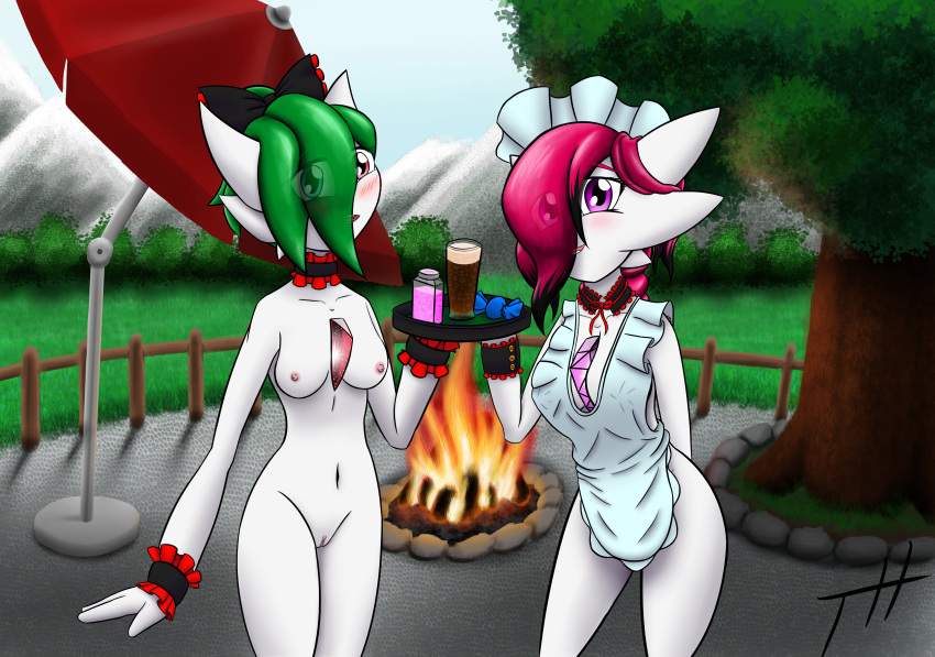 2023 3_fingers absurd_res apron apron_only beverage blush bonfire breasts casual_exposure casual_nudity clothing detailed_background duo exhibitionism female fingers gardevoir generation_3_pokemon genitals ghostth39 green_hair hair hair_over_eye hand_behind_back happy hi_res humanoid looking_at_viewer maid_apron maid_collar maid_headdress medium_breasts nintendo nipples not_furry nude one_eye_obstructed pokemon pokemon_(species) purple_eyes pussy red_eyes red_hair ruby_(ghostth39) serving_tray signature smile smiling_at_viewer uniform