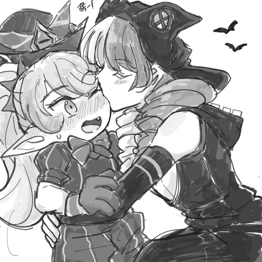 2girls ;d animal animal_ears bare_shoulders bewitching_poppy blush bow bowtie cat_ears detached_sleeves drill_hair fake_animal_ears fang gloves greyscale gwen_(league_of_legends) highres hood hood_down kiss kissing_cheek league_of_legends long_hair monochrome multiple_girls one_eye_closed pointy_ears poppy_(league_of_legends) puffy_short_sleeves puffy_sleeves short_sleeves smile soul_fighter_gwen sweatdrop twin_drills twintails xayahsona_27 yuri