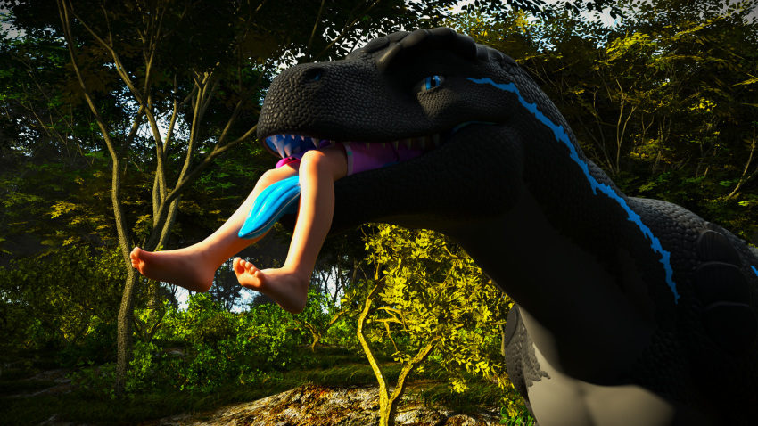 3d_(artwork) age_difference allosaurid allosaurus cryptocrisis detailed_background digital_media_(artwork) dinosaur duo female feral forest forest_background hi_res human larger_feral legs_in_air looking_at_viewer mammal mouth_shot nature nature_background open_mouth plant reptile scalie size_difference smaller_human theropod tongue tongue_out tree unwilling_prey vore young_prey younger_human ziina