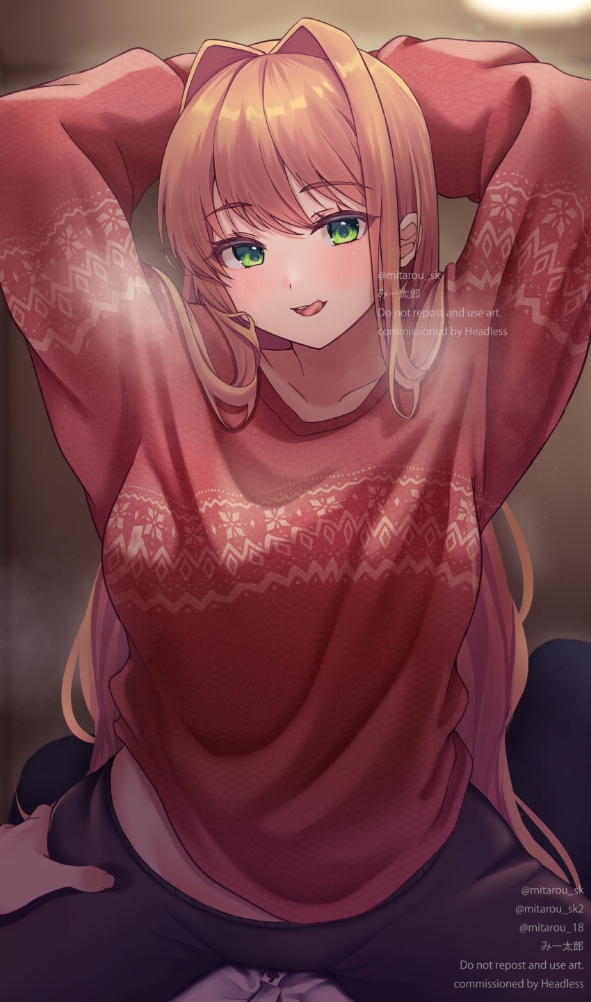 1girl absurdres arms_behind_head arms_up black_pants blush breasts collarbone commission doki_doki_literature_club english_text green_eyes hair_behind_ear hair_intakes hand_on_another's_thigh head_tilt hetero highres licking_lips long_hair looking_at_viewer medium_breasts mi_tarou0412 monika_(doki_doki_literature_club) open_mouth pants pov protagonist_(doki_doki_literature_club) red_sweater shirt sitting sitting_on_person smile solo steaming_body sweater tongue tongue_out twitter_username very_long_hair watermark white_shirt