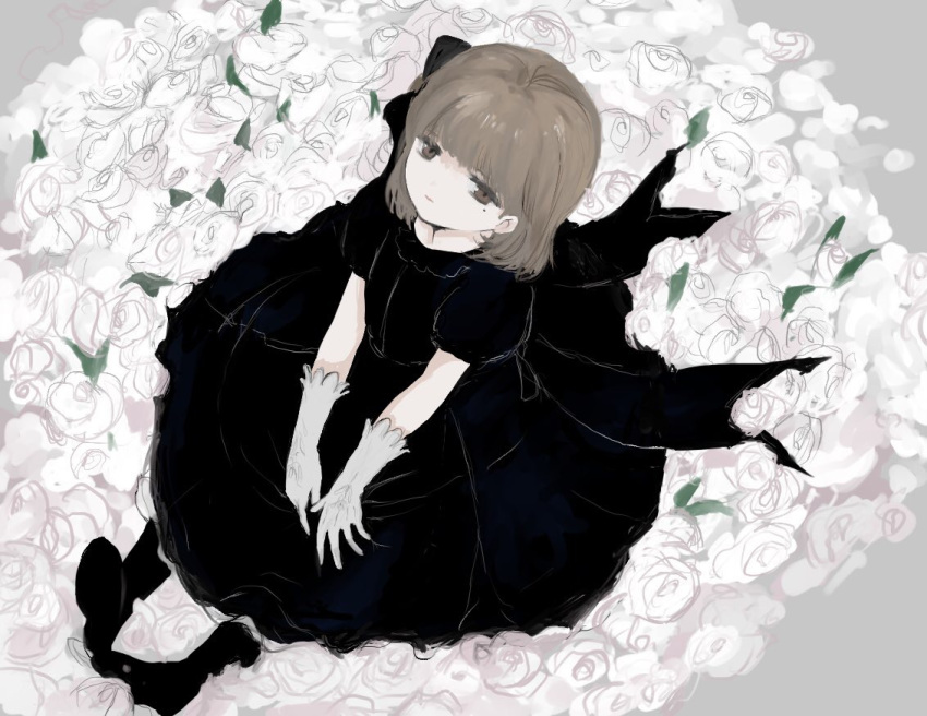 1girl alternate_costume black_bow black_dress black_footwear boots bow brown_eyes brown_hair circle_skirt closed_mouth commentary_request dress expressionless flower flower_bed from_above full_body grey_background hair_bow half-closed_eyes hands_on_lap hatoba_tsugu looking_at_viewer looking_up medium_hair outstretched_legs puffy_short_sleeves puffy_sleeves rokka_seira rose short_sleeves sitting solo tsugu_(vtuber) virtual_youtuber white_flower white_rose