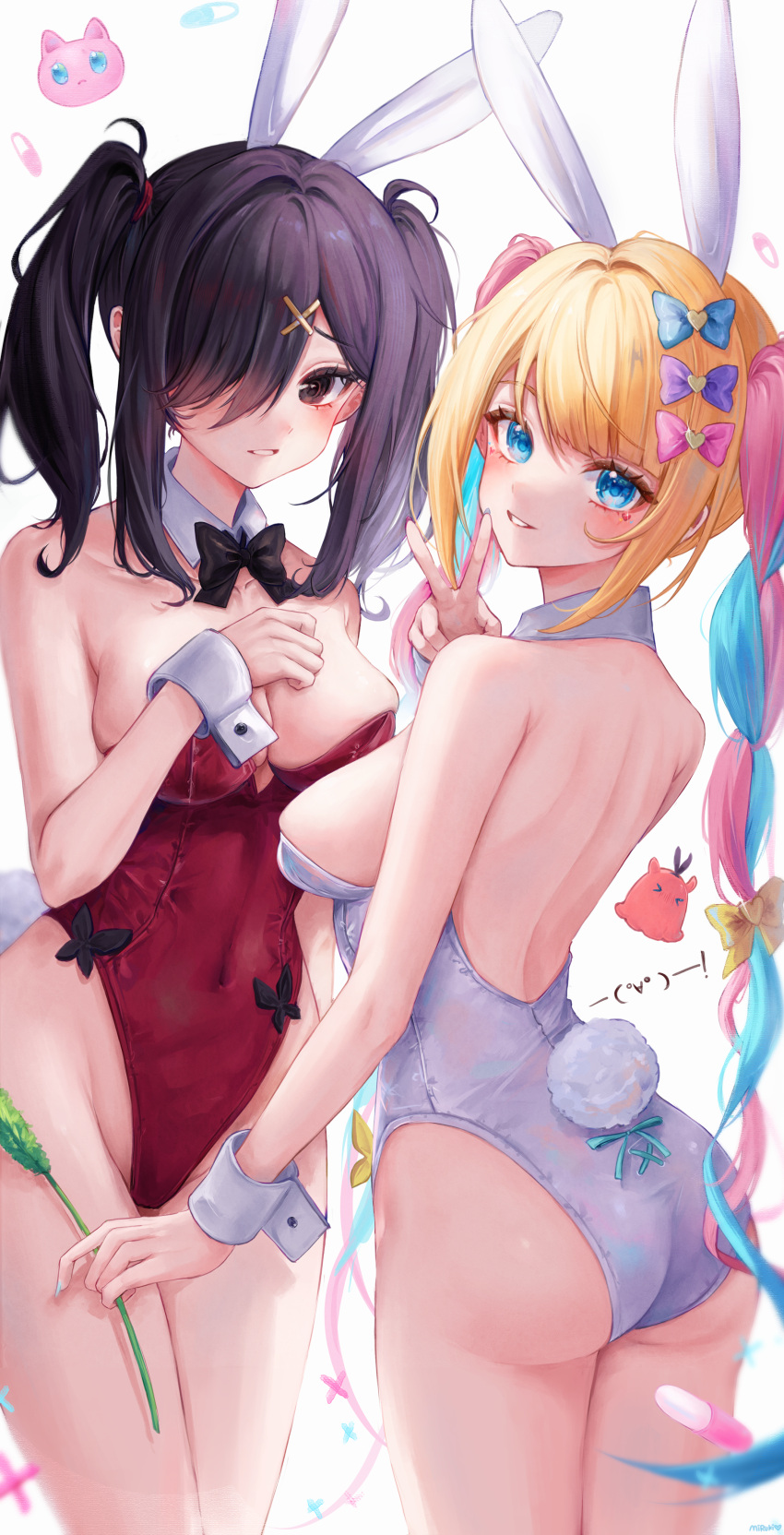 1girl absurdres animal_ears armpit_crease ass back bare_legs bare_shoulders black_bow black_bowtie black_butterfly black_eyes black_hair blonde_hair blue_bow blue_eyes blue_hair blue_nails blurry bow bowtie breast_hold breasts bug butterfly butterfly_ornament chouzetsusaikawa_tenshi-chan cleavage collar collarbone commentary_request covered_navel cowboy_shot curvy depth_of_field eyebrows_hidden_by_hair eyelashes fake_animal_ears fake_tail fingernails from_behind groin hair_bow hair_ornament hair_over_one_eye hand_up head_tilt heart_stickers highres large_breasts leotard light_blush long_fingernails long_hair looking_at_viewer miruku_pan multicolored_hair multiple_views nail_polish needy_girl_overdose parted_lips pill pink_bow pink_hair playboy_bunny purple_bow rabbit_ears rabbit_tail red_leotard sideboob simple_background skindentation smile standing swept_bangs tail thighs twintails v very_long_hair white_background white_collar white_leotard white_wrist_cuffs x_hair_ornament yellow_bow