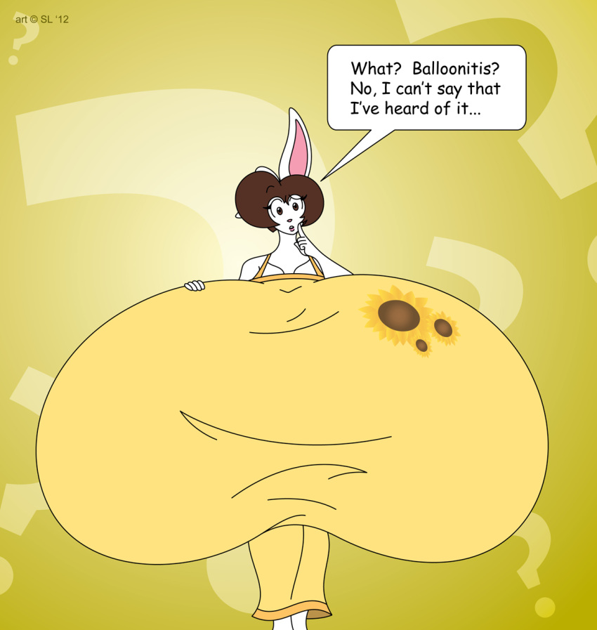 2012 anthro big_breasts bonnie_(satsumalord) breasts brown_eyes brown_hair clothing copyright_symbol digital_media_(artwork) dress english_text female flower fur hair hi_res huge_breasts hyper hyper_breasts lagomorph leporid mammal plant rabbit satsumalord solo speech_bubble sunflower symbol text white_body white_fur