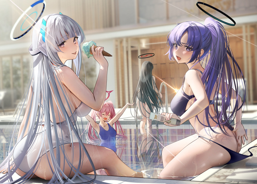 1girl 4girls :o :p accidental_exposure arms_up ass back bikini bikini_bottom_pull black_bikini blue_archive blue_one-piece_swimsuit blunt_bangs blush breasts closed_eyes closed_mouth commentary_request embarrassed food hair_ornament halo highres ice_cream ice_cream_cone indoors koyuki_(blue_archive) large_breasts long_hair looking_at_viewer looking_back lotion mechanical_halo median_furrow multiple_girls nanaken_nana noa_(blue_archive) one-piece_swimsuit open_mouth parted_bangs pink_hair ponytail pool poolside purple_eyes purple_hair rio_(blue_archive) sidelocks sitting smile solo sunscreen swimsuit thighs tongue tongue_out twintails very_long_hair water water_drop white_hair white_one-piece_swimsuit yuuka_(blue_archive)