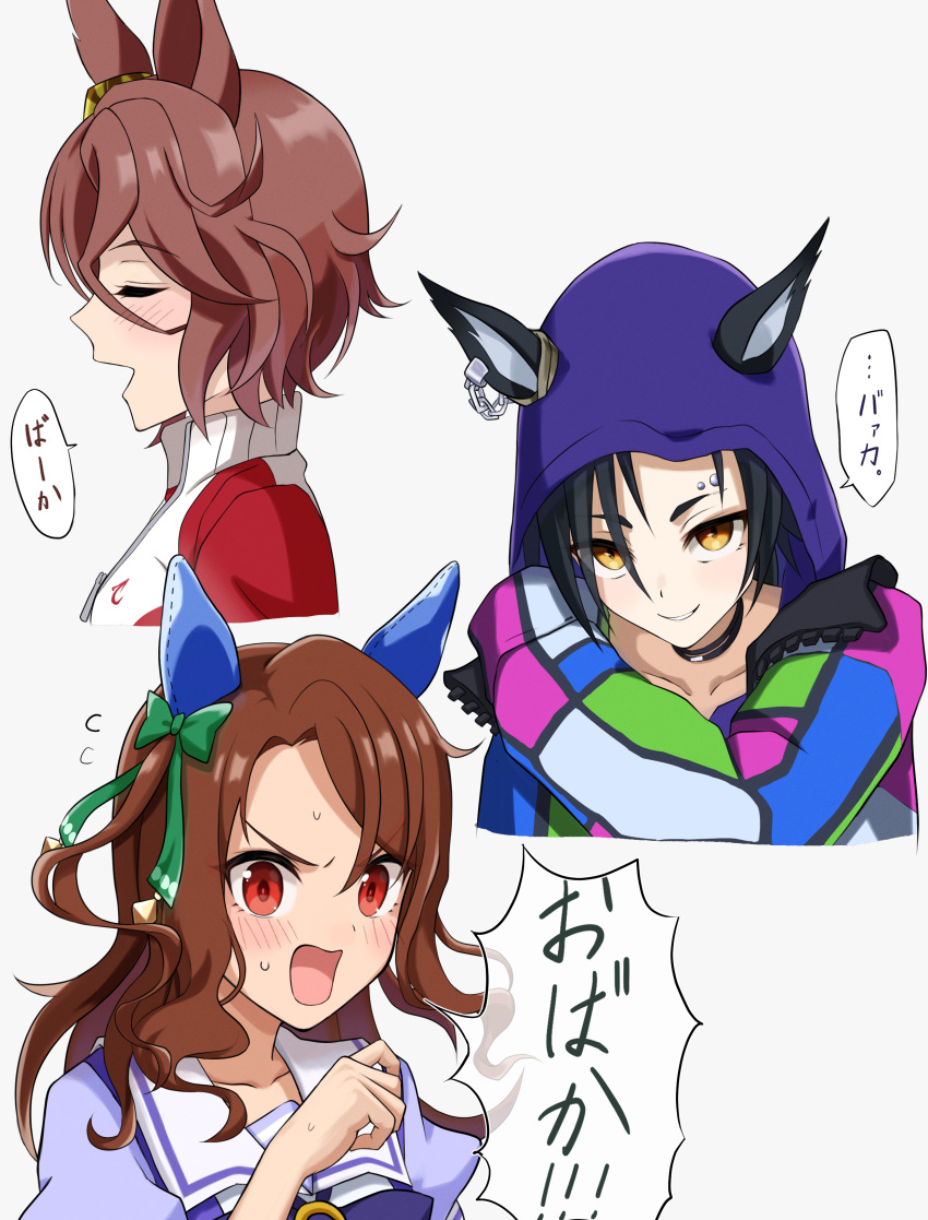 3girls absurdres air_shakur_(umamusume) animal_ears black_hair blue_shirt blush bow brown_eyes brown_hair chokin_tsucho commentary_request ears_through_headwear flying_sweatdrops green_bow grey_background hair_bow highres horse_ears jacket king_halo_(umamusume) multiple_girls narita_taishin_(umamusume) one_side_up open_mouth parted_bangs profile puffy_short_sleeves puffy_sleeves purple_bow red_eyes red_jacket school_uniform shirt short_sleeves simple_background sweat tracen_school_uniform track_jacket translation_request umamusume v-shaped_eyebrows