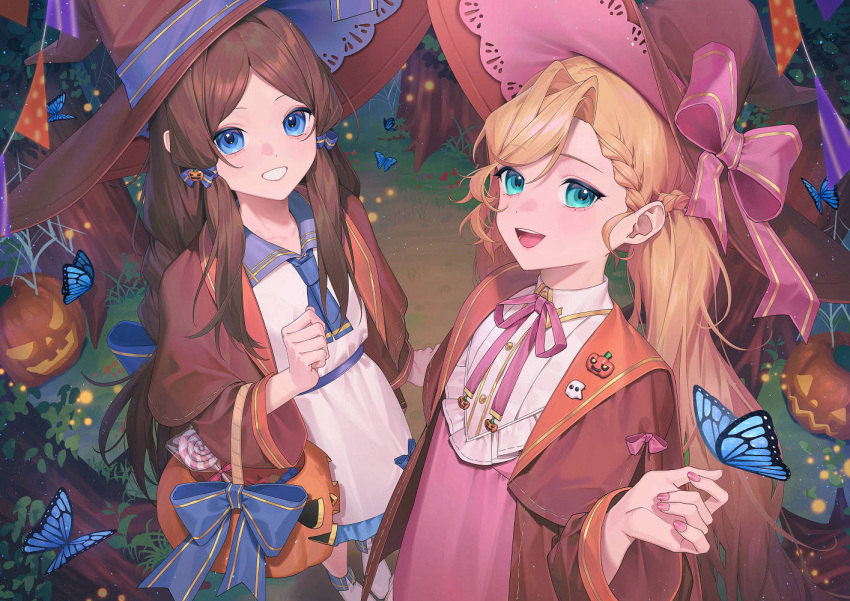 2girls ascot blue_ascot blue_eyes blue_ribbon bow bowtie braid brown_cardigan brown_hair brown_headwear bug butterfly candy cardigan clenched_hands commentary dress firefly food green_eyes grin hands_up hat hat_bow hat_ribbon jack-o'-lantern lollipop long_hair looking_at_viewer looking_up multiple_girls open_mouth original outdoors pink_bow pink_bowtie pink_dress pink_hair pink_headwear pink_nails pink_ribbon ponytail ribbon sidelocks smile symbol-only_commentary teeth tree upper_teeth_only wenz white_dress witch witch_hat