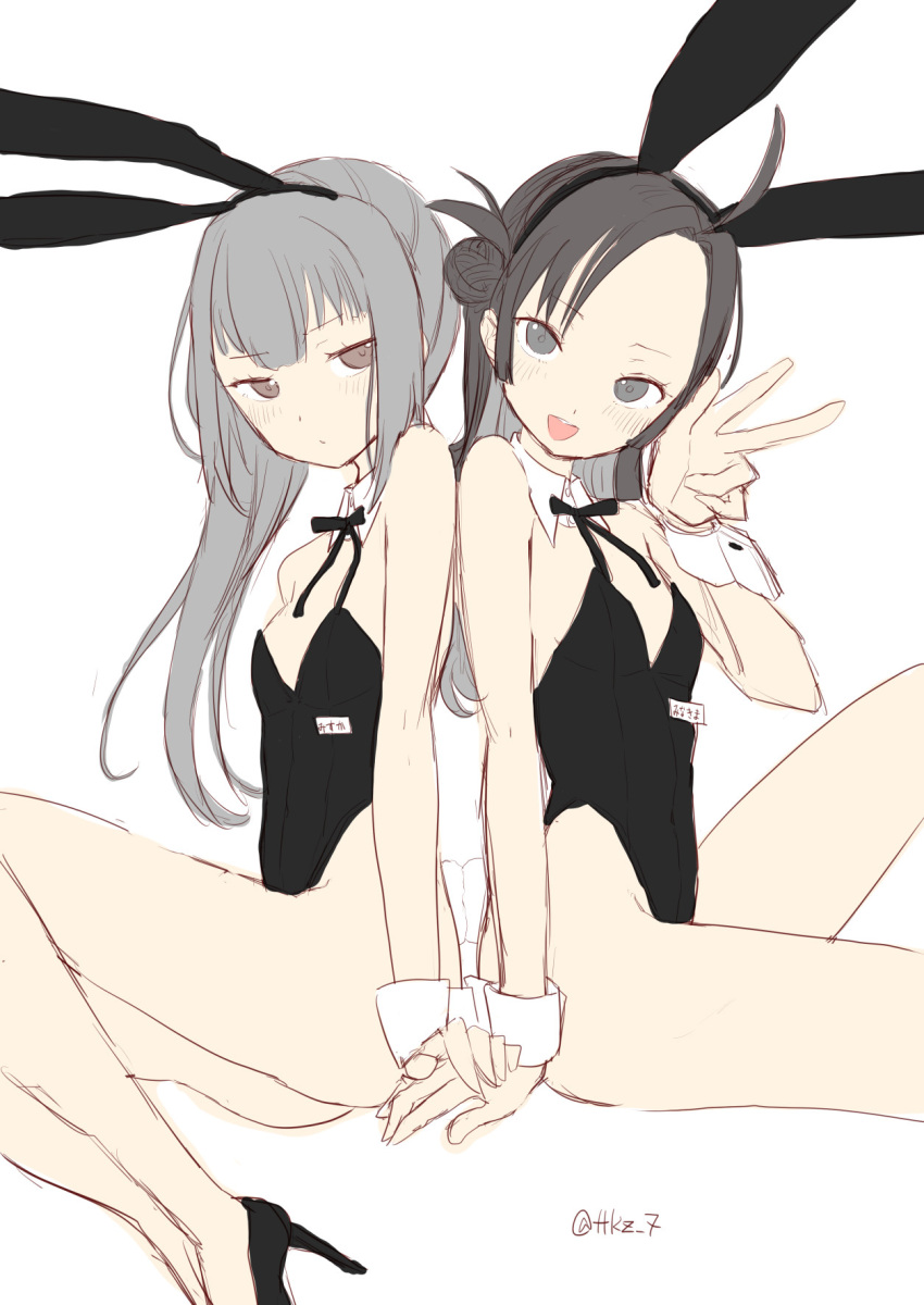 ahoge animal_ears back-to-back bare_legs black_hair black_ribbon breasts brown_eyes detached_collar forehead grey_hair hair_bun highres kantai_collection kasumi_(kancolle) long_hair makinami_(kancolle) matching_outfits one-hour_drawing_challenge playboy_bunny rabbit_ears ribbon side_ponytail simple_background small_breasts tetsukuzu_(yajirushi_shita) white_background wrist_cuffs