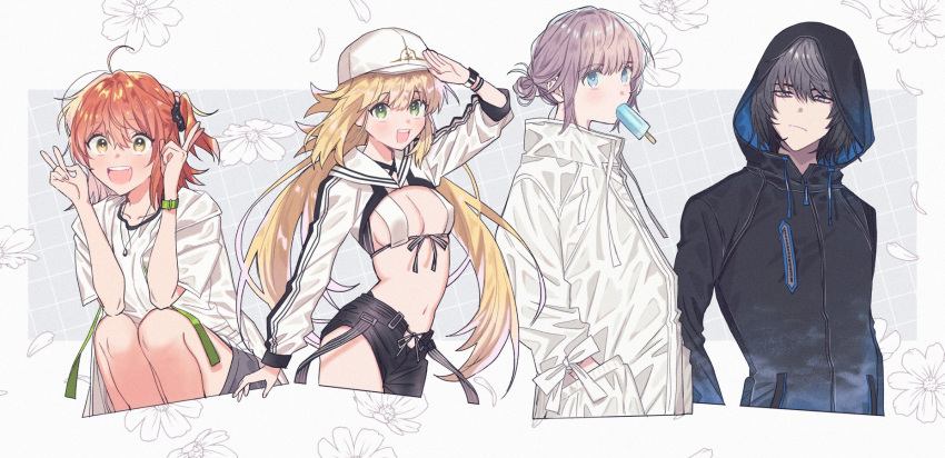 1boy 2girls artoria_caster_(fate) artoria_caster_(swimsuit)_(fate) artoria_pendragon_(fate) belt bikini black_jacket black_ribbon blonde_hair blue_eyes blush bracelet breasts closed_mouth fate/grand_order fate_(series) flower food fujimaru_ritsuka_(female) grey_hair grey_shorts highres ice_cream jacket jewelry long_hair looking_at_viewer multiple_girls oberon_(fate) open_mouth orange_eyes orange_hair ribbon shirt short_hair shorts small_breasts smile swimsuit t-shirt twintails wani_(mezo) white_bikini white_headwear white_jacket