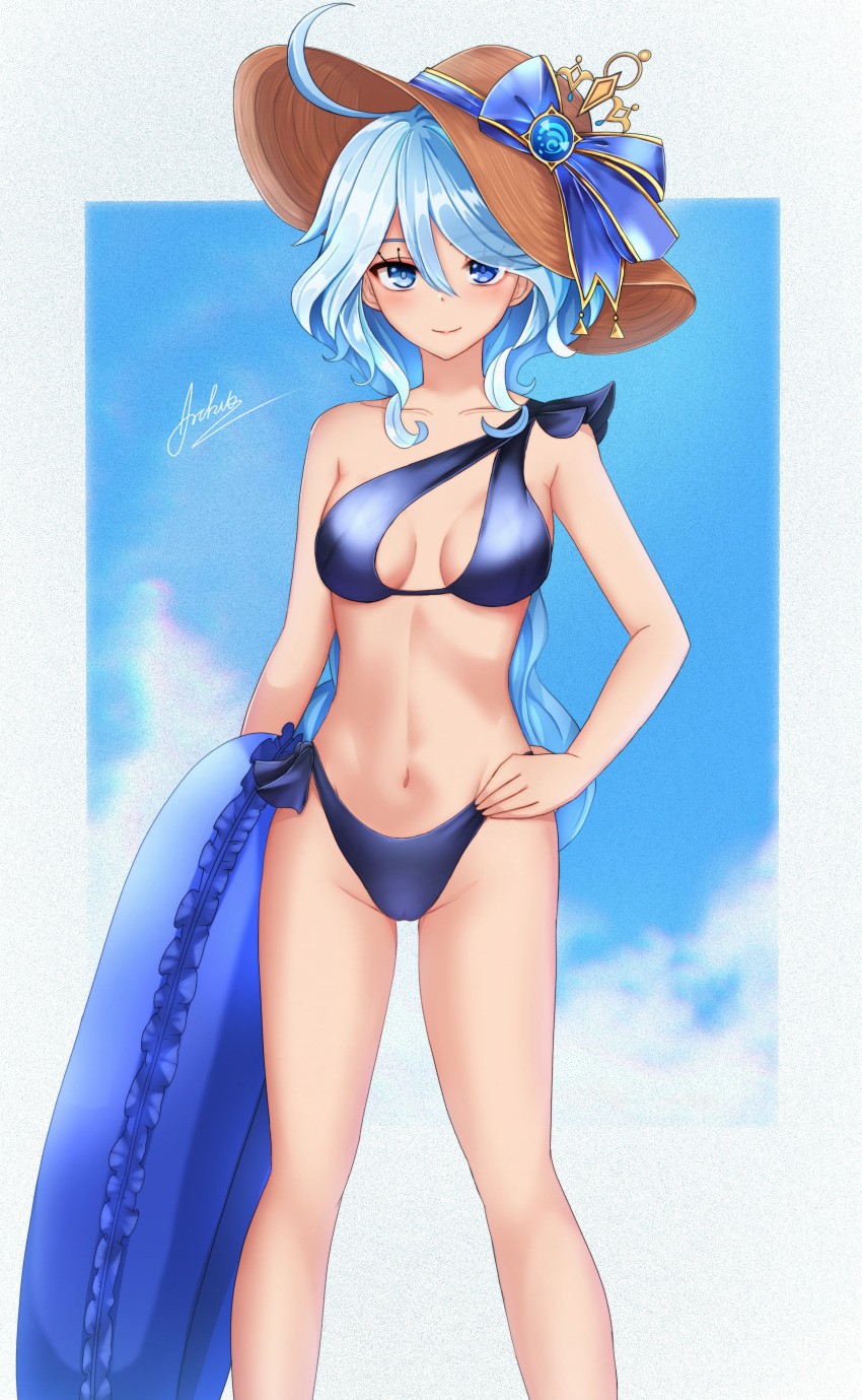 1girl absurdres ahoge alternate_costume aoikito_lavender086 aqua_eyes aqua_hair bikini black_bikini blue_sky blurry bow breasts cleavage cloud cloudy_sky collarbone commentary_request depth_of_field eyes_visible_through_hair focalors_(genshin_impact) genshin_impact hair_between_eyes hand_on_own_hip hat hat_bow hat_ornament hat_ribbon highres innertube looking_at_viewer medium_hair navel ribbon sidelocks sky sleeveless solo spoilers stomach straw_hat sun_hat swimsuit vision_(genshin_impact)