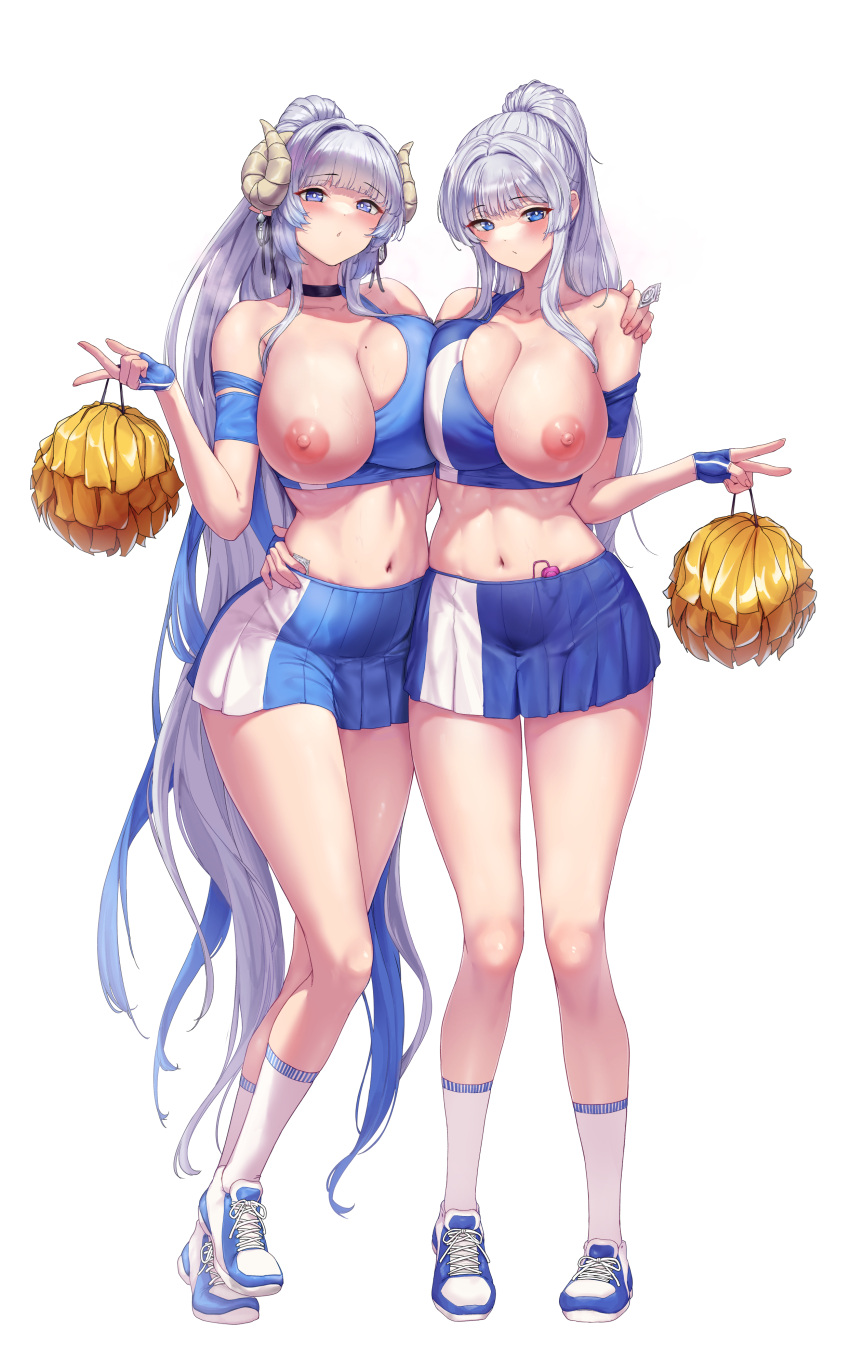 2girls absurdly_long_hair absurdres armband bare_shoulders between_fingers black_choker blue_eyes blue_gloves blue_hair blue_shirt blue_skirt breasts bright_pupils cheerleader choker cleavage closed_mouth clothes_pull commission condom condom_wrapper crop_top curled_horns embarrassed fingerless_gloves frown full_body gloves gradient_hair hair_ribbon hand_on_another's_shoulder hand_on_another's_waist heavy_breathing high_ponytail highres holding holding_pom_poms horns huge_breasts jinmeii kneehighs large_areolae leg_up long_hair looking_at_viewer midriff miniskirt mole mole_on_breast multicolored_hair multiple_girls navel nipples no_bra original pleated_skirt pointy_ears pom_pom_(cheerleading) ponytail ribbon sex_toy shirt shirt_pull shoes sidelocks skirt sleeveless sleeveless_shirt sneakers socks standing standing_on_one_leg stomach strap_slip sweat tank_top thighs two-tone_hair two-tone_skirt v very_long_hair vibrator vibrator_under_clothes white_hair white_socks
