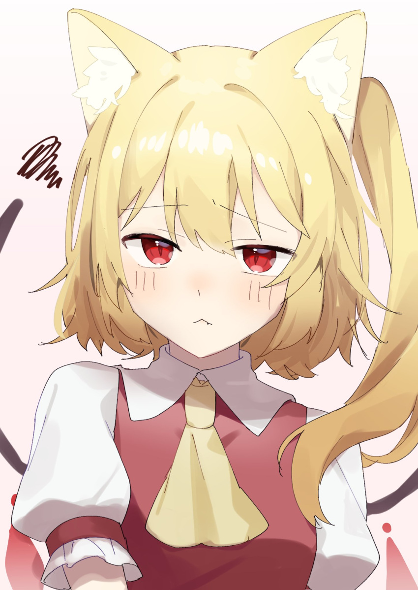 1girl :&lt; animal_ear_fluff animal_ears ascot blush cat_day cat_ears cat_girl collared_shirt commentary crystal double-parted_bangs fang flandre_scarlet hair_between_eyes highres long_hair pink_background puffy_short_sleeves puffy_sleeves red_eyes red_vest ribbon-trimmed_sleeves ribbon_trim shirt short_sleeves side_ponytail simple_background slit_pupils solo spiked_hair squiggle straight-on suikario touhou upper_body vest white_shirt wings yellow_ascot