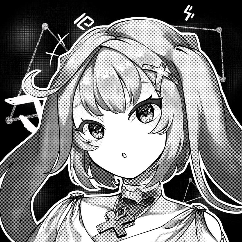 1girl :o cowlick faruzan_(genshin_impact) genshin_impact greyscale hair_ornament highres light_blush long_hair looking_at_viewer monochrome naphele_yun no_nose outline parted_lips portrait screentones simple_background solo twintails white_outline x_hair_ornament