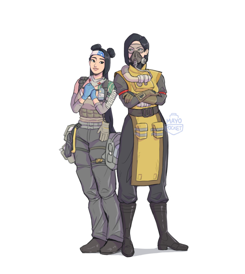 2girls apex_legends arm_tattoo artist_name belt black_belt black_eyes black_footwear blue_gloves boots brown_gloves caustic_(apex_legends) caustic_(apex_legends)_(cosplay) cosplay crossed_arms detached_sleeves double_bun english_commentary full_body gas_mask gloves goggles green_eyes grey_gloves grey_tank_top hair_behind_ear hair_bun hazmat_suit head_tilt headband highres lifeline_(apex_legends) lifeline_(apex_legends)_(cosplay) long_hair looking_to_the_side mask mask_around_neck mayopocket multiple_girls own_hands_together parted_lips power_connection sage_(valorant) short_hair simple_background smile tank_top tattoo v-shaped_eyebrows valorant viper_(valorant) white_background white_headband