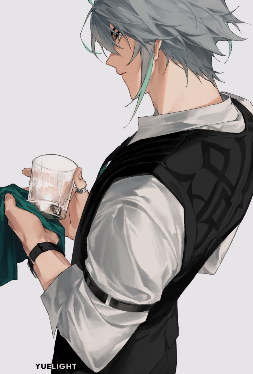 1boy alhaitham_(genshin_impact) arm_strap artist_name black_vest closed_mouth collared_shirt commentary cup dress_shirt english_commentary expressionless facing_away genshin_impact green_eyes green_hair grey_hair hair_between_eyes highres holding holding_cup holding_towel jewelry long_sleeves male_focus multicolored_hair profile ring shirt short_hair sidelocks simple_background sleeves_rolled_up solo standing thumb_ring towel vest watch white_background white_shirt wristwatch yuelight