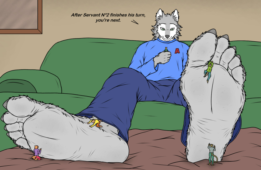 2023 5_fingers 5_toes alex_(smellslikejavier) anthro blue_bottomwear blue_clothing blue_pants blue_shirt blue_topwear bottomwear canid canine canis claws clothing colored dialogue digital_drawing_(artwork) digital_media_(artwork) english_text feet fingers foot_fetish foot_focus fur furniture green_bottomwear green_clothing green_eyes green_pants green_shirt green_topwear grey_body grey_clothing grey_fur grey_shirt grey_topwear hi_res holding_character humanoid_feet inside larger_anthro larger_male macro male mammal micro micro_in_hand on_sofa orange_bottomwear orange_clothing orange_pants pants plantigrade purple_clothing purple_shirt purple_topwear red_bottomwear red_clothing red_pants servant shirt sitting sitting_on_sofa size_difference smaller_anthro smellslikejavier sofa text toe_claws toes topwear white_body white_fur wolf worship yellow_clothing yellow_shirt yellow_topwear