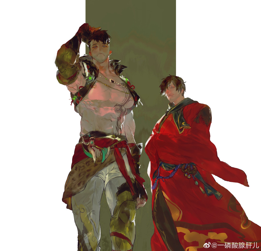 2boys abs absurdres alternate_pectoral_size ardbert_(ff14) artist_request bara bare_pectorals beard_stubble character_request cropped_jacket feet_out_of_frame final_fantasy final_fantasy_xiv frown hand_up highres large_pectorals looking_at_viewer male_focus manboobs multiple_boys muscular muscular_male nipples official_alternate_costume pectorals short_hair sleeveless sleeveless_jacket smirk standing stomach
