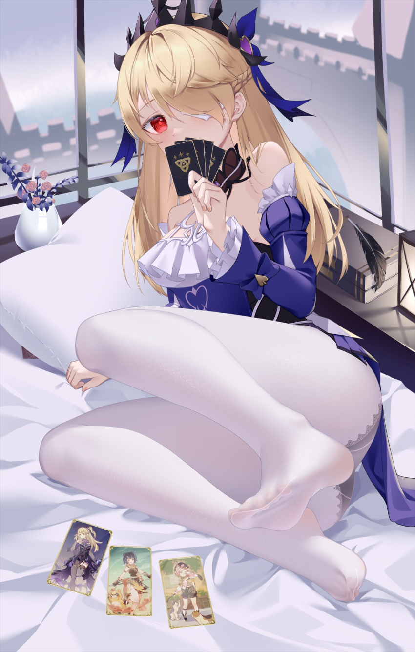 1girl bare_shoulders bed_sheet bingchuan_xian_yu_huang black_panties blonde_hair blush book bow breasts detached_sleeves dress eyepatch feet fischl_(ein_immernachtstraum)_(genshin_impact) fischl_(genshin_impact) frills genius_invokation_tcg genshin_impact hair_over_one_eye hair_ribbon highres jewelry lamp legs long_hair long_sleeves looking_at_viewer medium_breasts no_shoes official_alternate_costume on_bed panties panties_under_pantyhose pantyhose pillow purple_dress red_eyes ribbon see-through soles solo thighhighs tiara toes underwear white_thighhighs window