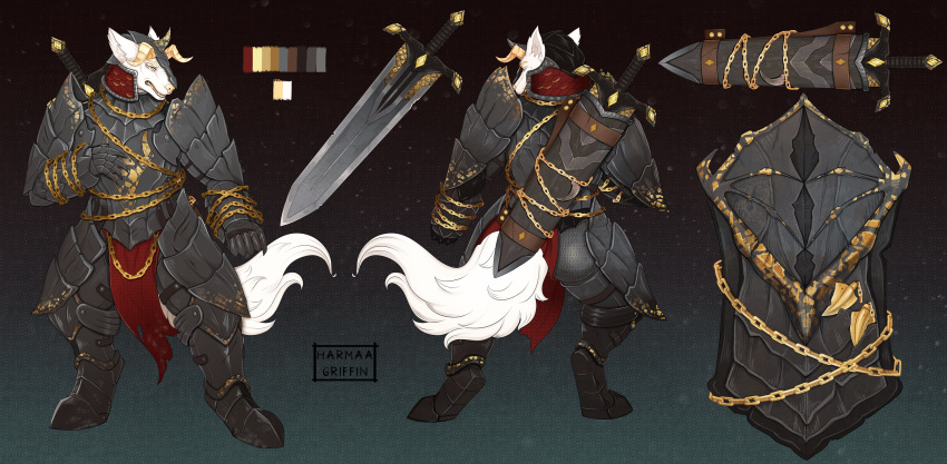 anthro armor barghest canid canine chain dark_souls digitigrade fantasy fromsoftware gold_(metal) harmaagriffin heavy_armor hi_res horn male mammal melee_weapon model_sheet ornate scabbard shield solo sword weapon weathered
