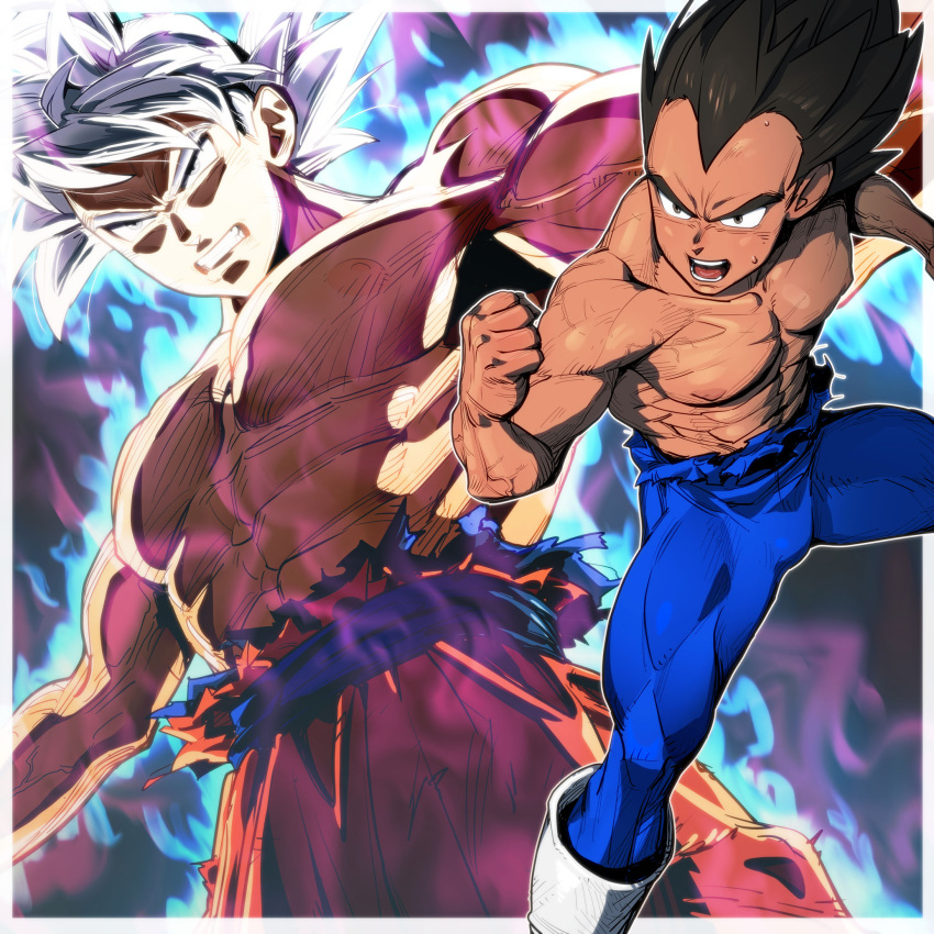 2boys abs aura bara bodysuit bulge cheering clenched_hand clenched_teeth dougi dragon_ball dragon_ball_z feet_out_of_frame from_below highres large_pectorals male_focus multiple_boys muscular muscular_male nipples outstretched_arms pectorals powering_up receding_hairline short_hair sideburns son_goku spiked_hair spread_arms standing stomach supobi sweat teeth thick_eyebrows topless_male torn_bodysuit torn_clothes ultra_instinct vegeta veins veiny_arms