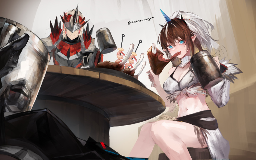 1girl absurdres arknights bare_shoulders blue_eyes brown_hair food highres holding holding_food kirin_r_yato_(arknights) looking_at_viewer milktea_wegan multicolored_hair noir_corne_(arknights) pointy_ears rathalos_s_noir_corne_(arknights) thighs two-tone_hair white_hair yato_(arknights)