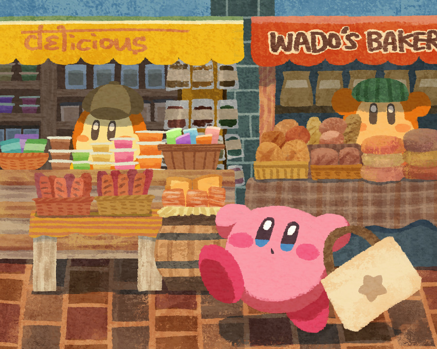 bag baguette basket blue_eyes blush_stickers bread brioche closed_mouth deerstalker food hat holding holding_bag kirby kirby_(series) loaf_of_bread market miclot no_humans outdoors pink_footwear shoes stone_floor tote_bag waddle_dee walking