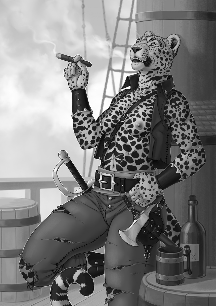 2023 5_fingers alcohol anisis anthro axe barrel beverage bottomwear breasts cigar clothed clothing exposed_breasts felid female fingers fur greyscale hi_res humanoid_hands jaguar mammal melee_weapon monochrome navel nipples open_clothing open_topwear open_vest pantherine pants pirate rum smoke smoking solo spots spotted_body spotted_fur sword teeth topwear torn_bottomwear torn_clothing torn_pants vest weapon