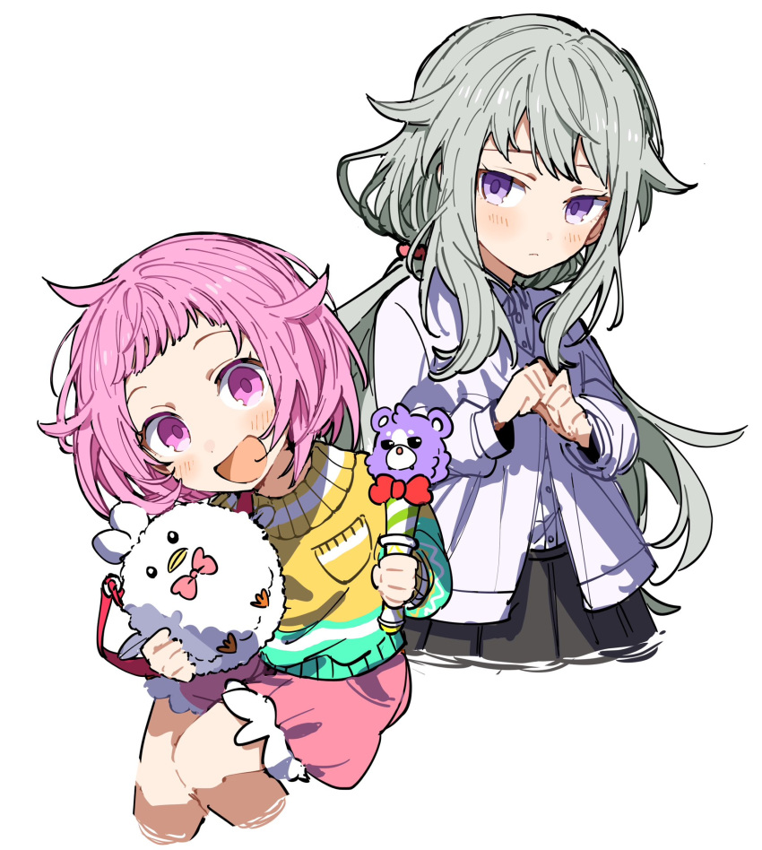 2girls aged_down blush closed_mouth green_hair hair_flaps highres hoshi-toge jacket kusanagi_nene looking_to_the_side low_twintails multiple_girls ootori_emu pink_eyes pink_hair project_sekai purple_eyes short_hair sidelocks twintails white_jacket