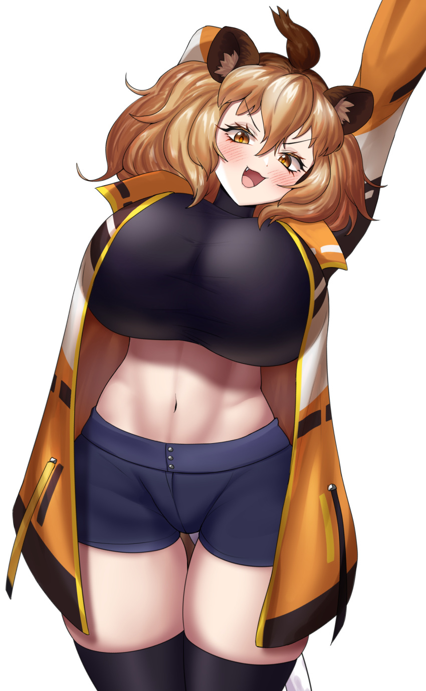 1girl :3 animal_ears arm_behind_head arms_up black_thighhighs blue_shorts blush breasts brown_eyes brown_hair crop_top fang highres huge_breasts kemono_friends large_breasts lion_(kemono_friends) lion_ears lion_girl lion_tail long_hair looking_at_viewer multicolored_hair navel neukkom open_mouth short_shorts shorts simple_background smile solo tail thighhighs white_background