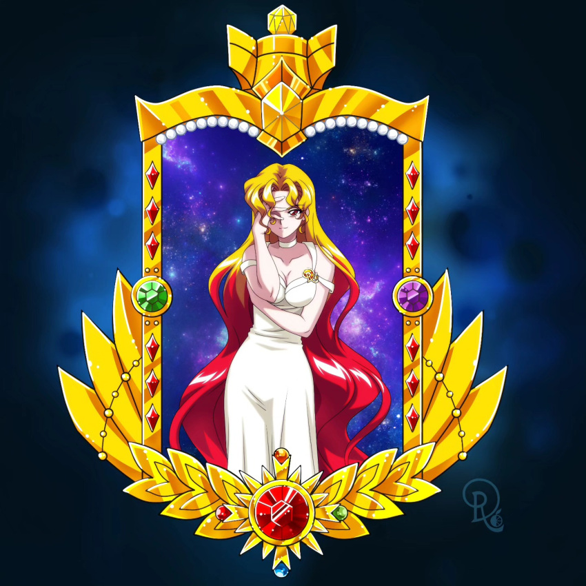 1girl alternate_costume bishoujo_senshi_sailor_moon blonde_hair breasts cleavage commentary covering_one_eye crystal drachea_rannak dress english_commentary highres long_dress long_hair medium_breasts multicolored_hair red_eyes red_hair sailor_galaxia solo space two-tone_hair very_long_hair wavy_hair white_dress